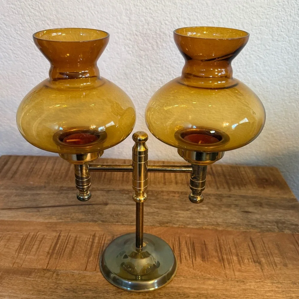 Vintage Brass Double Arm Candelabra Amber Glass Hurricane Tea Light Holder MCM